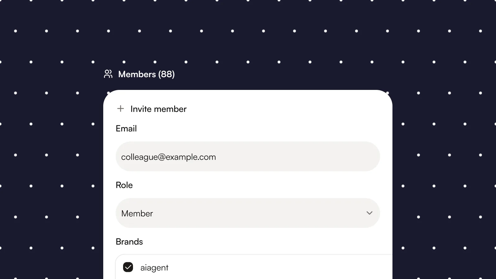 The invite member form with email, role, and per-brand access.