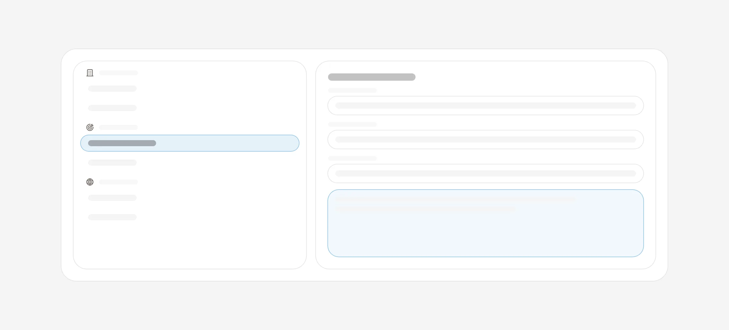 A knowledge workbench with grouped items on the left and inline editing on the right.