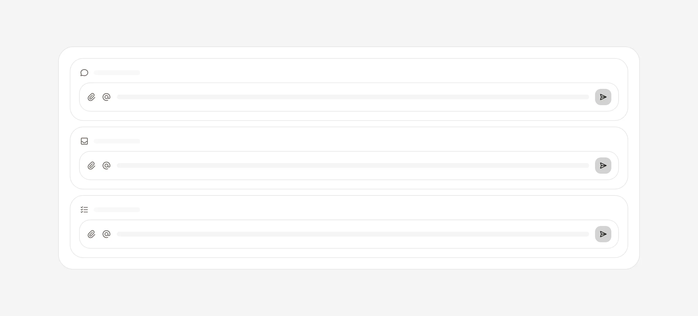 The same composer, with attachments and mentions, in dashboard chat, the inbox and a ticket thread.